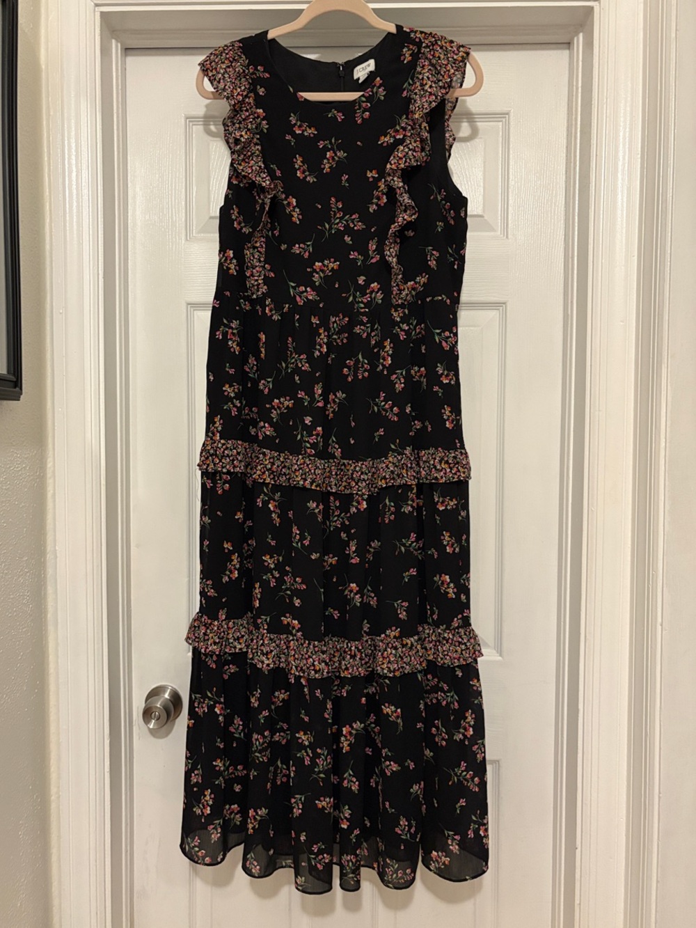 J. Crew Factory Black Maxi Dress with Pink & Green Floral Print